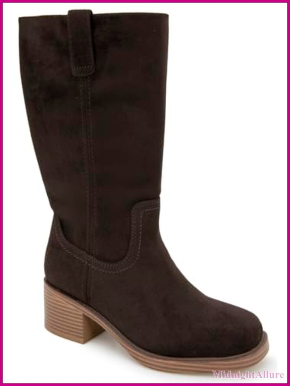 Faux Suede Mid-Calf Equestrian Boot Block Heel Round Toe